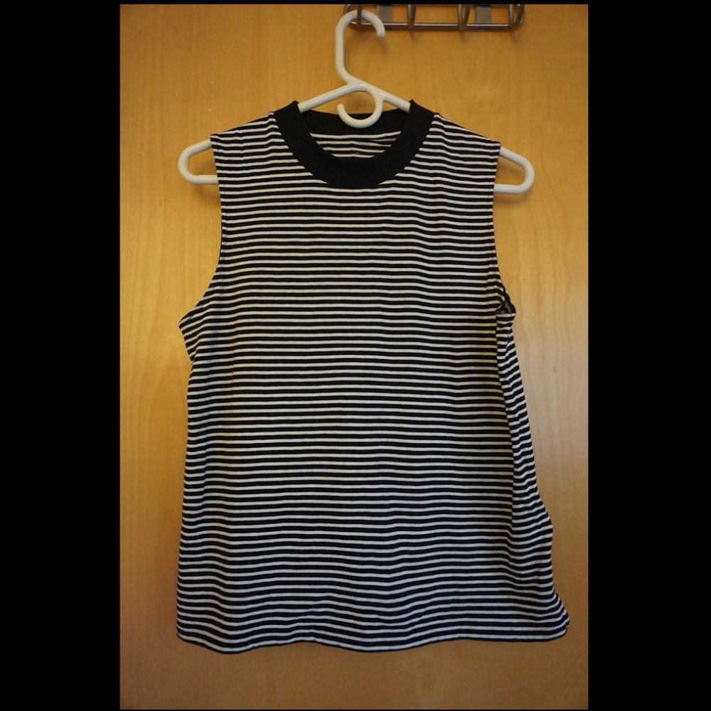 Everlane Cotton Mockneck Muscle Tank, black stripe